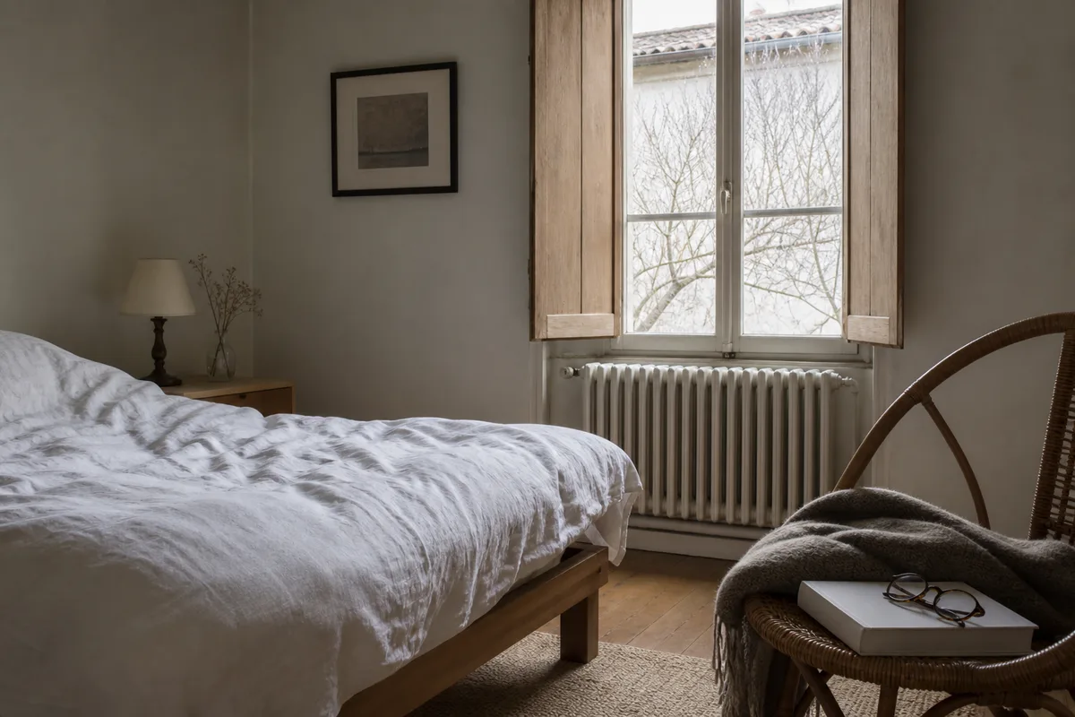 Chambre fraîche avec couette épaisse et radiateur sous la fenêtre dans une maison des Landes