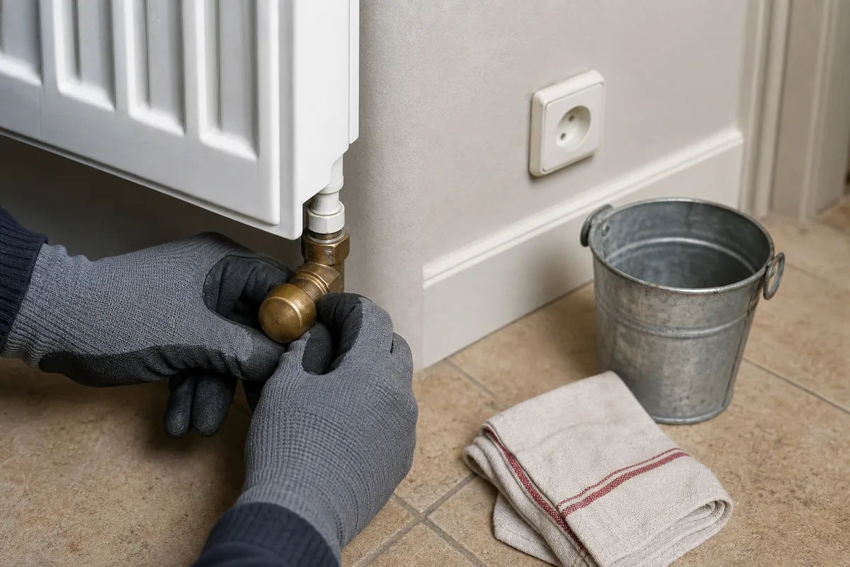 Mains gantées réglant le robinet en bas d’un radiateur dans un couloir de maison landaise