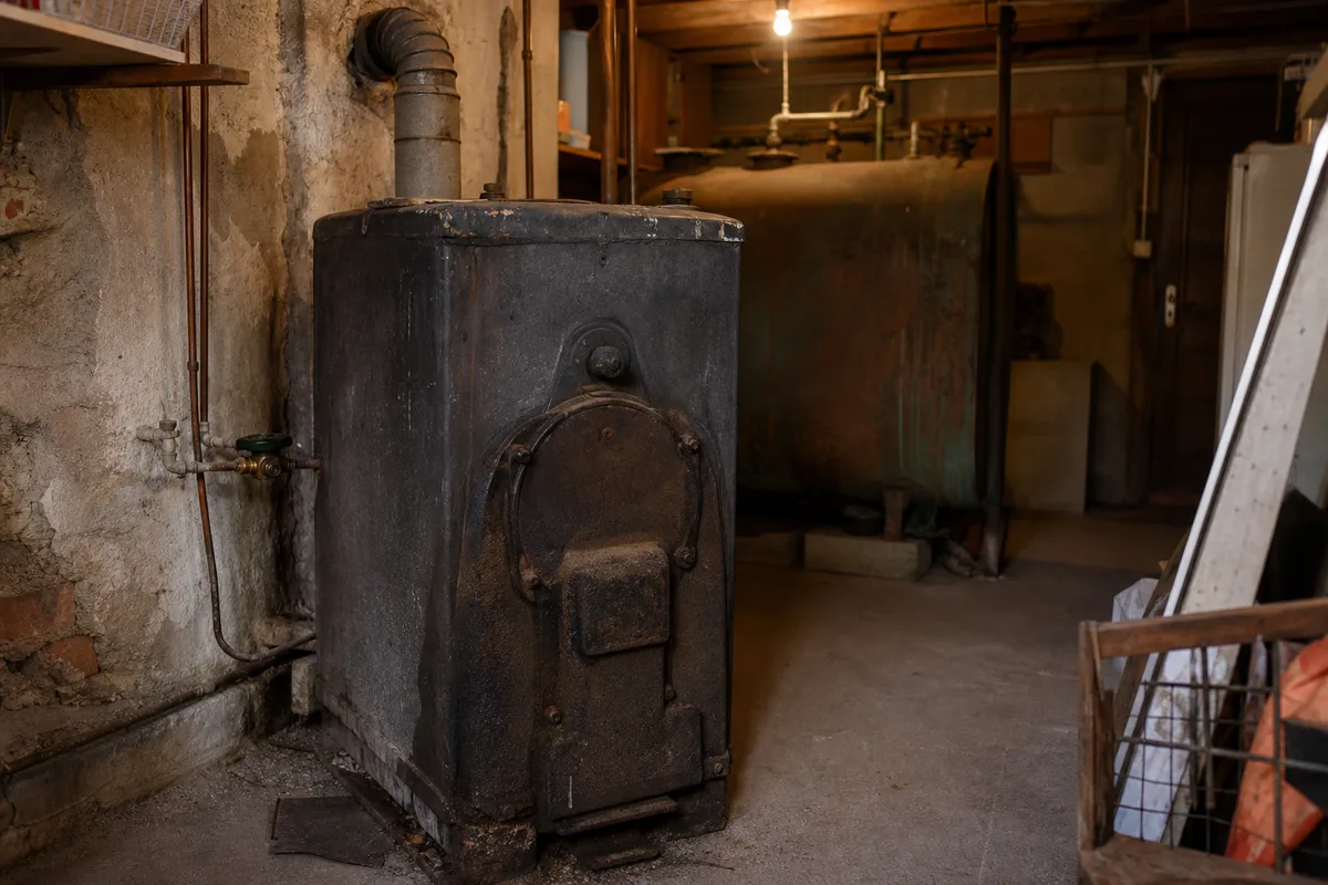 Ancienne chaudière fioul et cuve métallique dans le cellier d’un pavillon landais