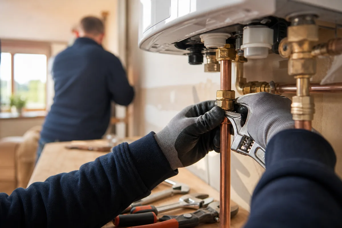 Installation d’une chaudière neuve avec raccords en cuivre dans un pavillon de plain-pied