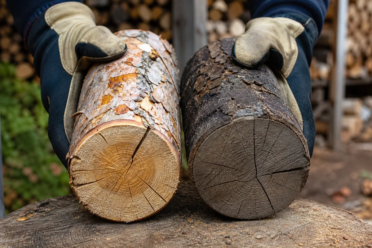 Bûches de pin maritime et de chêne empilées sous un abri en bois dans les Landes