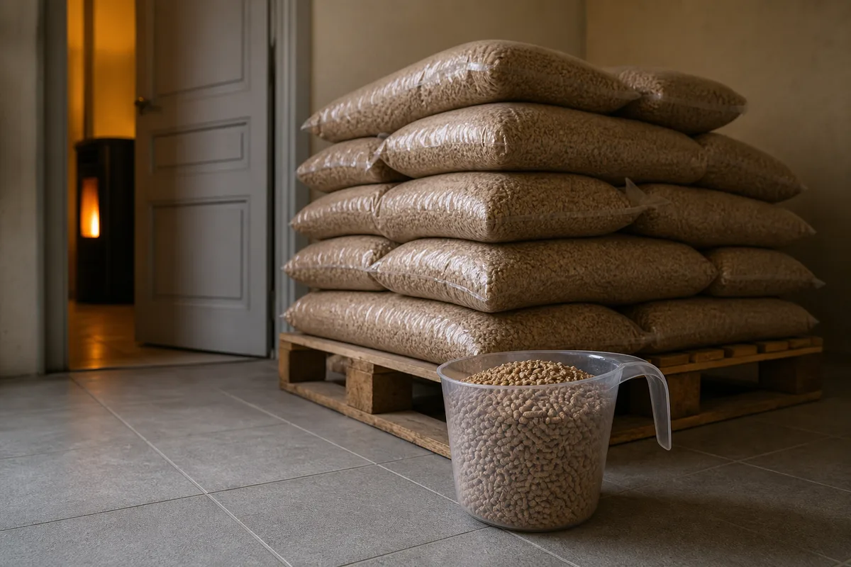 Sacs de granulés de bois stockés dans le cellier d&rsquo;un pavillon landais