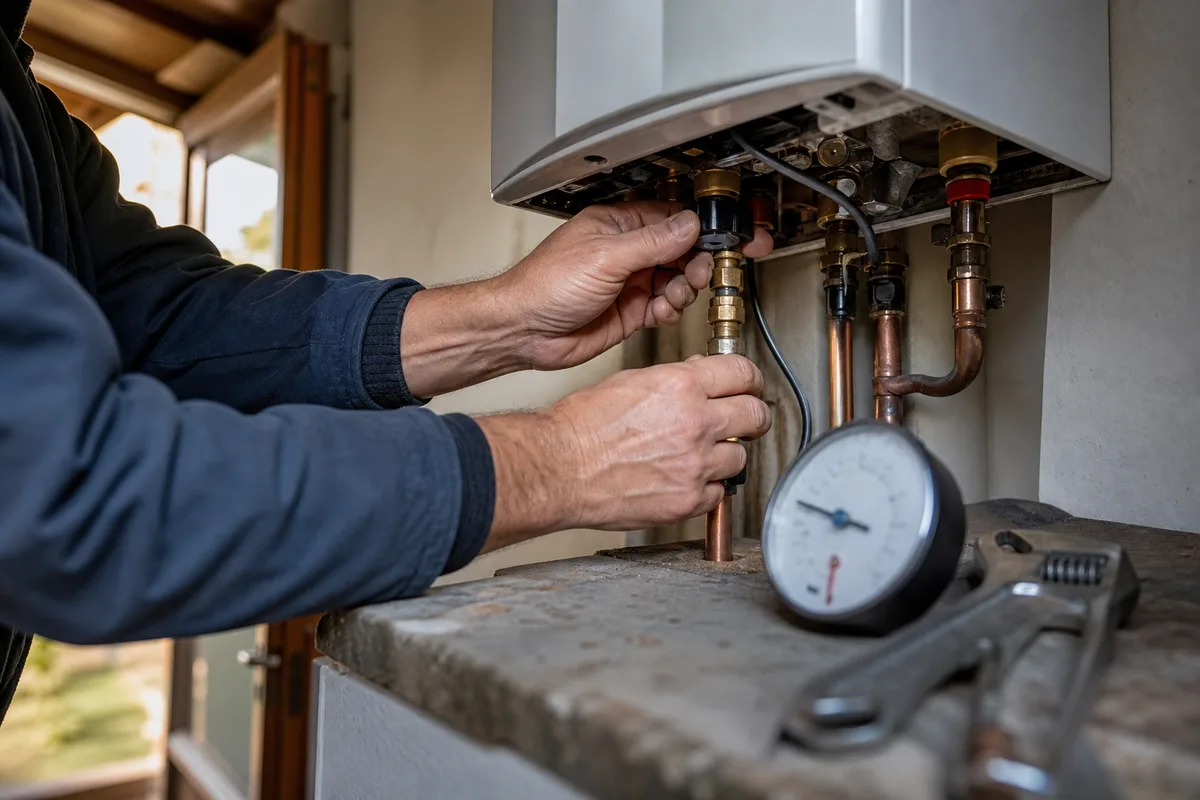 Mains d&rsquo;un chauffagiste contrôlant une chaudière murale gaz dans un cellier de pavillon landais