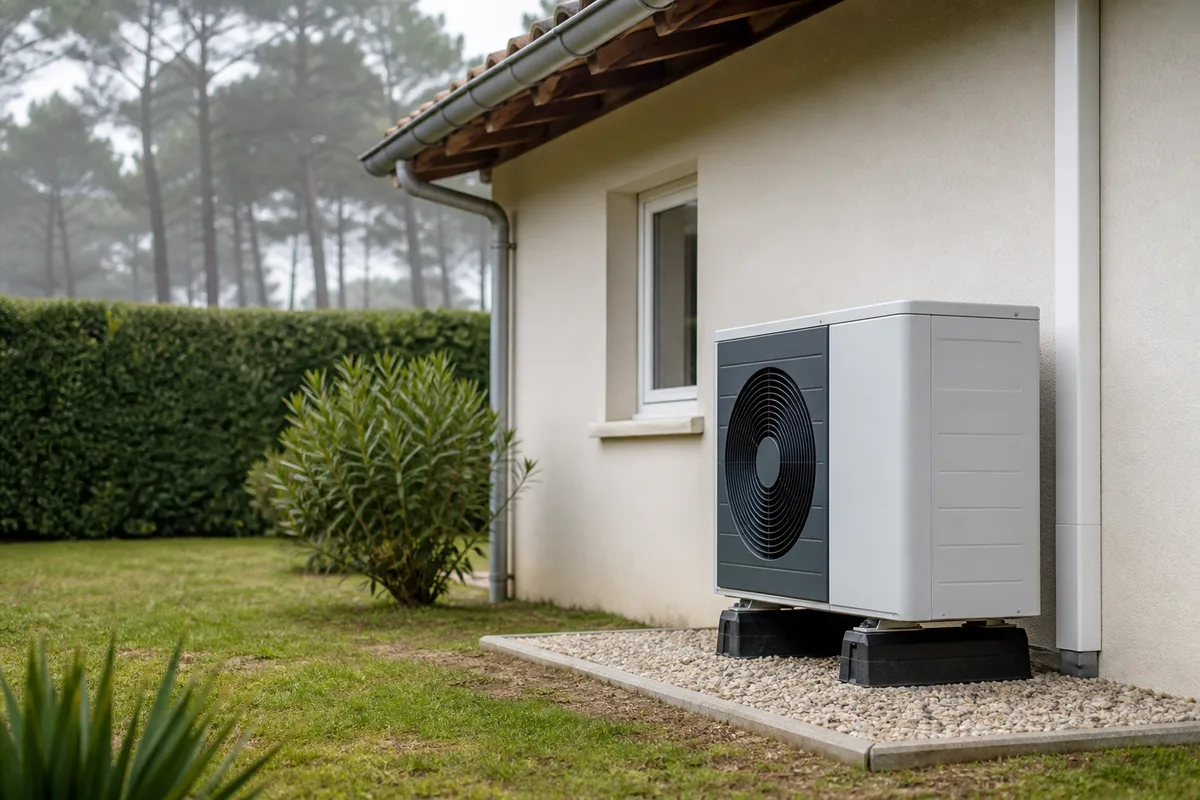 Unité extérieure de pompe à chaleur air-eau contre une maison de plain-pied des Landes, pins en arrière-plan