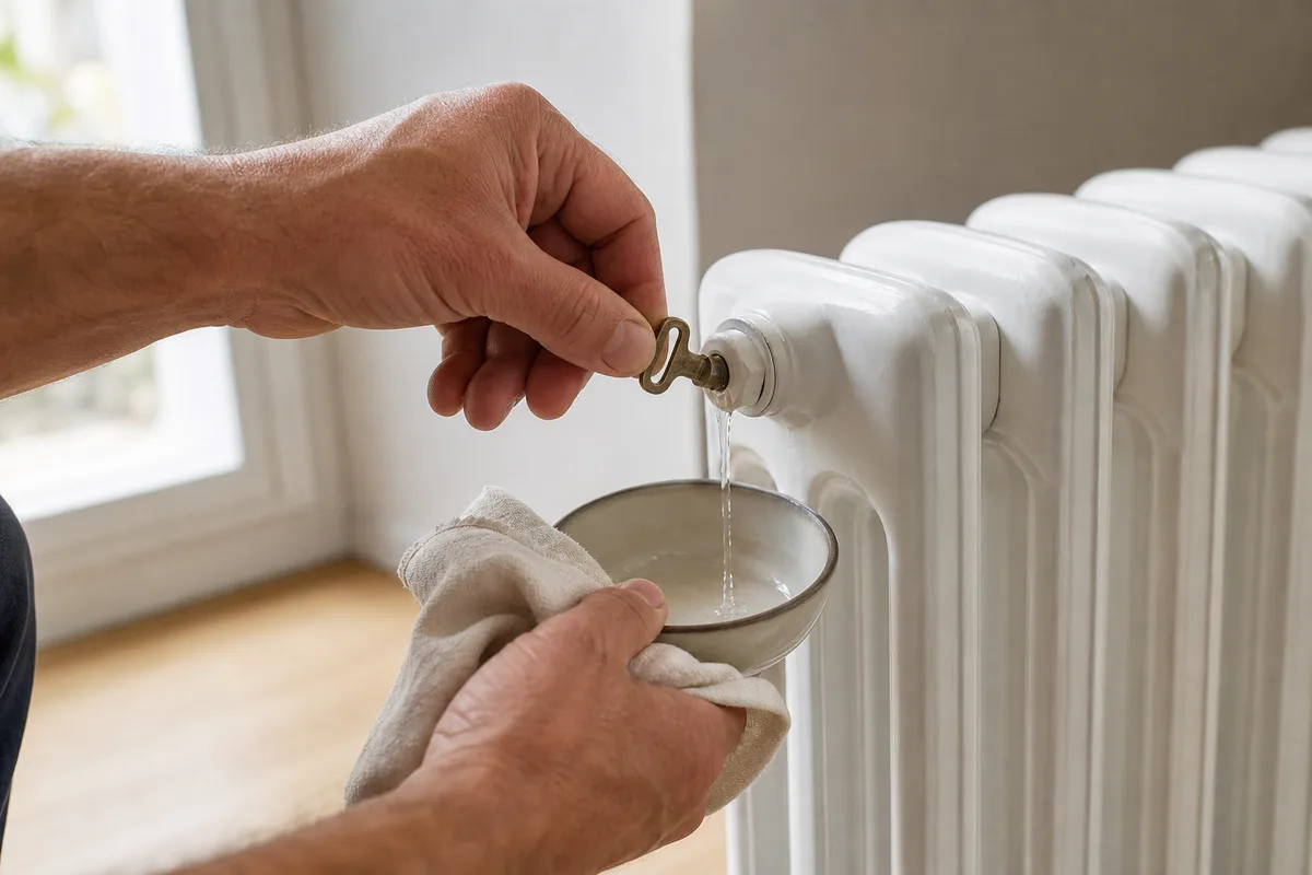 Mains d&rsquo;un artisan purgeant un radiateur acier dans une maison landaise