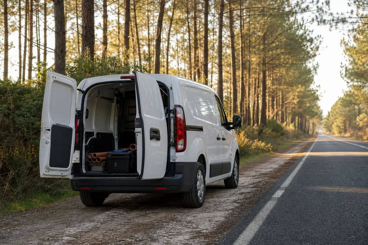 Fourgon d’artisan chauffagiste sur une route forestière des Landes intérieures