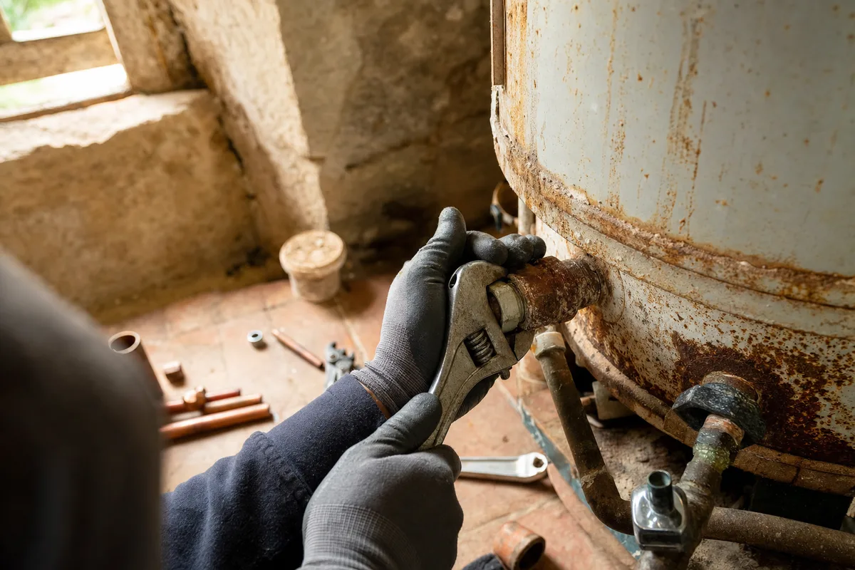 Démontage d&rsquo;un ancien cumulus dans le cellier d&rsquo;une maison de bourg à Tartas