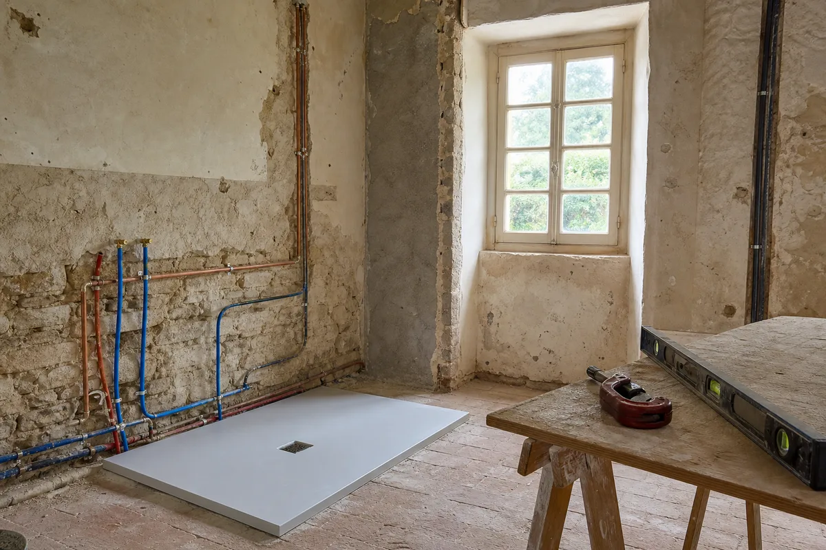 Salle d&rsquo;eau en cours de rénovation avec alimentations en cuivre apparentes dans une maison ancienne