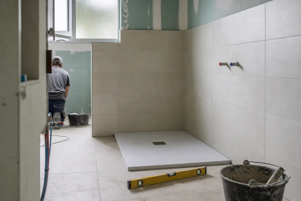 Salle de bains en cours de rénovation dans un pavillon landais de plain-pied