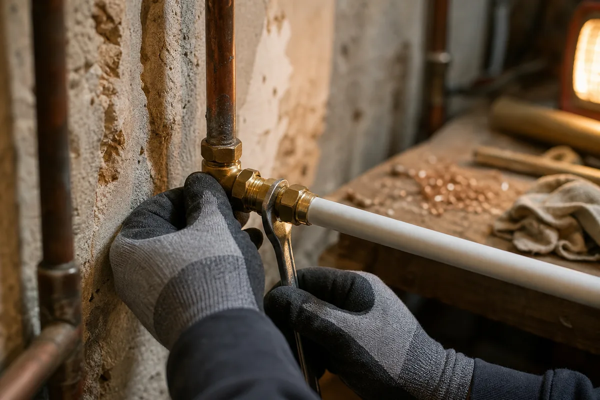 Détail de raccords en cuivre et multicouche sur un mur de cellier en cours de rénovation