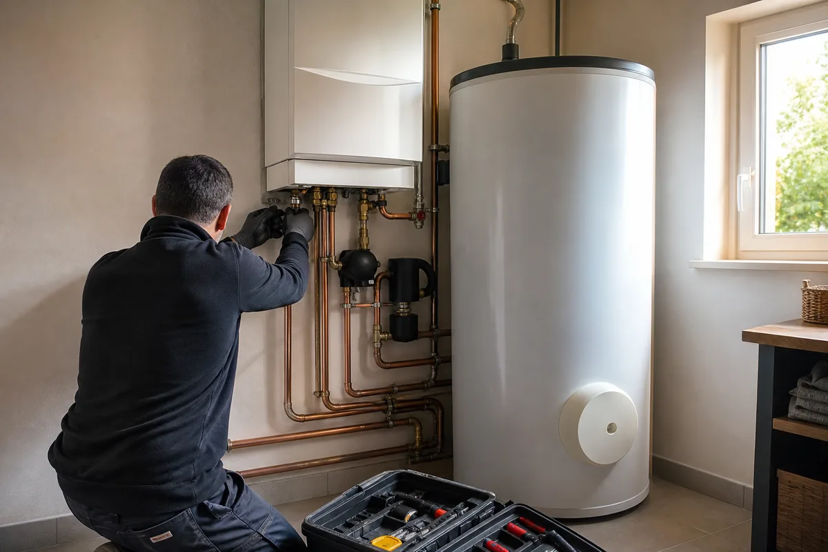 Ballon d&rsquo;eau chaude et module hydraulique de pompe à chaleur dans le cellier d&rsquo;une maison des Landes