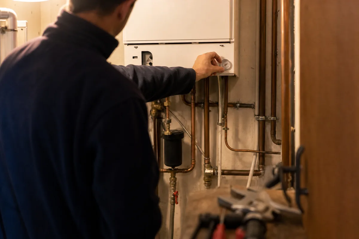 Technicien réglant une chaudière murale gaz dans le cellier d&rsquo;un pavillon landais